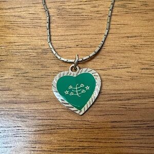 Bahai Faith Green Heart Pendant Necklace with spiritual markings. Goldtone